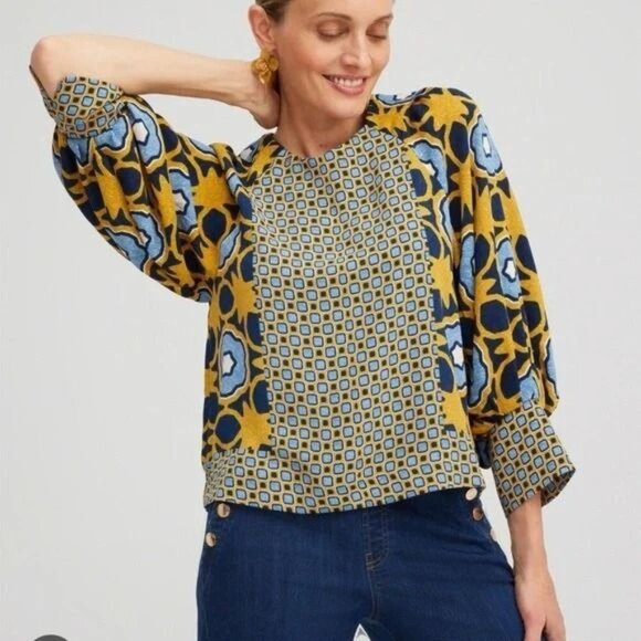 Chico's Tops - Chicos Gold Blue Geometric Print Pintuck Top 3.5 XL